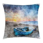 Ambesonne Sunrise Throw Pillow Cushion Cover, Fishing Boat on Beach with Horizon on Backdrop Seashore Grunge Watercolor Print, Decorative Square Accent Pillow Case, 20" X 20", Orange Blue