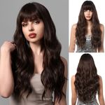 OUFEI Long Wavy Brown Wig for Women with Bangs Natural Synthetic Hair Heat Resistant Wigs for Daily Party Cosplay Wear