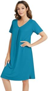 NACHILA Women's Nightgowns-Viscose Made from Bamboo, Soft Short Sleeve Nightgowns Comfy V Neck Night Shirt Cooling Sleepwear Teal Blue Large