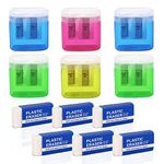 TSHAOUN 6 PCS Manual Pencil Sharpeners,Colorful Dual Holes Sharpener with Lid and 6PCS White Plastic Eraser, for Kids Students School Home Office Supply. (Multicolour)