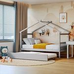 Merax Twin Size Wooden House Bed with Trundle, Wood Bed Frame with Roof for Kids, Teens, Boys or Girls, Grey