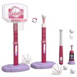 HYES 2 in 1 Kids Basketball Hoop and T Ball Set - Adjustable Height, Kids Baseball Tee with Automatic Pitching Machine, Indoor Outdoor Sport Toys Gifts for Toddler Boys Girls Age 1-5, Pink