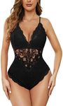 Aranmei Women's Sexy Lace Bodysuit Deep V Snap Crotch Teddy One Piece Lace Babydoll Lingerie, Black, Small