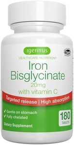 High Absorption Chelated Iron Bisglycinate 20mg with Vitamin C, Gentle Iron, Targeted Release, One Daily, Vegan, 180 Tablets, by Igennus