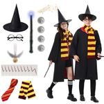 Magic Wizarding Costume Wizard School Halloween Costume Cosplay Hooded Magic Robe Gryffindors Costume Set with Tie Scarf Wand