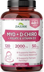 Zazzee Myo-Inositol + D-Chiro, with Folate (5-MTHF) + D3, 120 Vegan Capsules, Optimal 40:1 Inositol Ratio, 30 Day Supply, All-Natural, Non-GMO, Supports Hormone Balance and Ovulation, Made in The USA