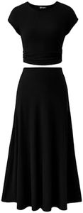 PRETTYGARDEN Women's 2 Piece Summer Outfits Dressy Casual Knit Short Sleeve Crop Top High Waist Midi Skirt Set (Black,Medium)