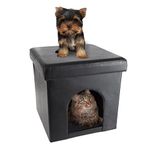 Cat House – Collapsible Multipurpose Small Dog or Cat Ottoman with Footrest, Cushioned Top, and Interior Pillow by PETMAKER (Black)