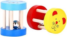 Childlike Behavior Wooden Baby Rattle - 2''Lx2''Wx2.4''H Montessori Wood Sensory Toy for Baby - Red and Blue Infant Roller Toys with Bell - Sensory Development Baby Roller - Baby Bells Toy - Set of 2