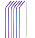 Kiwilon Rainbow Steel Reusuable 6 Pieces Metal Straw Set for Drinking with Cleaning Brush (Bent)