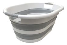 MERWY Grey Oval Collapsible Laundry Washing Basket with Handles Versatile Marvel for Kitchen, Bathroom, and Bedroom - Effortlessly Foldable with a 38-Litre Capacity (Grey, Collapsible 38 Litres)