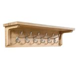Hallowood Furniture Waverly Coat Rack 6 Hooks Hanger in Light Oak Finish, Wooden Wall Mounted Metal Coat Hooks for Jackets, Clothes & Hat, Coat Hanger with Shelf for Hallway & Living Room
