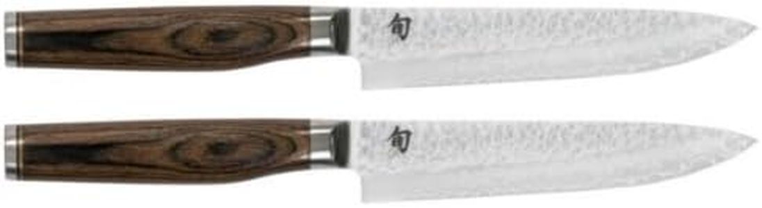 KAI Shun Premier Tim Mälzer Japanese Steak Knife, Set of 2, 13 cm Blade Length, VG-MAX Core 61 HRC, 32 Layers Damask, Highly Polished, Pakka Wood, Medium Brown, Hammered Finish, Made in Japan