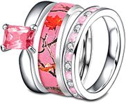 3 pieces Pink Camo Engagement Wedding Ring Set - Women`s Stainless Steel Camo Wedding Band & Sterling Silver Tourmaline Engagement Ring – Titanium Wedding Band for Him - Resin Layer Protected (6)