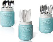 Ceramic Mason Jar Cutlery Holder - Set of 3 - Farmhouse Silverware Caddy for Kitchen Countretop - Decorative Spoon, Fork & Knife Holder for Parties & More - Rustic Caddy made of Premium Ceramic