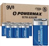 Powermax 8-Count 9V Batteries, Ultra Long Lasting Alkaline Battery, 7-Year Shelf Life, Reclosable Packaging