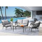 LOCCUS 4-Piece Outdoor Rope Patio Conversation Loveseat Furniture with Cushions Table for Garden Porch Balcony (Dark Grey and Grey)