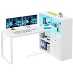 YITAHOME L Shaped Desk with Power Outlets & LED Lights & File Cabinet, 55 Inch Large Computer Desk Corner Desk with 3 Drawers & 3 Storage Shelves, Home Office Desk with Bookshelf, White