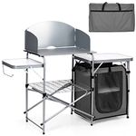 COSTWAY Folding Aluminum Camping Table, Kitchen Work Table with 2 Side Tabletops, Hooks and Carrying Bag, Indoor Outdoor Lightweight BBQ Catering Picnic Table (with Windshield, Cabinet, Grey)