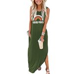 Sxkayxr Women's Summer Sleeveless Maxi Dress Casual Loose Beach Good Vibes Tshirt Dresses with Pockets Green