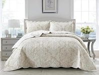 3 PCS Patchwork Bedspread Quilted Bed Throw Single Double King Size Bedding Set (Damask Beige, Super King)