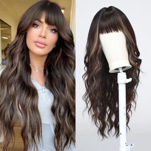 Esmee Perruque Longue Ondulée Brune avec Reflets Blonds pour Femmes Perruques Brunes Résistantes à la Chaleur pour Cheveux Synthétiques Naturels avec Frange