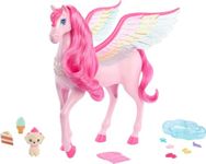 Barbie Doll Toys, Pegasus Pink Winged Horse Toy with 10 Accessories Including Puppy & Barrettes, Inspired by Barbie A Touch of Magic