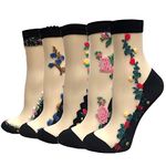 DXYAKY 5 Pairs Women Transparent Sheer Mesh Socks See Through Thin Lace Breathable Socks Flower Patterned Silk Stockings, White Flower, One Size