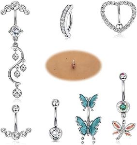 JeryWe 14G Piercing Ombligo de Acero Inoxidable para Mujer Ombligo Anillo lgante Serpente Mariposa Anillo de Botón de Ombligo Piercing7 Piezas