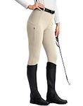 SANTINY Women's Horse Riding Pants Zipper Pockets Silicone Full-Seat Breeches Equestrian Schooling Tights for Women, Beige, X-Small