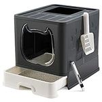 Foldable Cat Litter Box with Lid Top Enter Kitten Litter Boxes Drawer Style Enclosed Deodorant Cat Litter Toilet Litter Pan for Small and Medium Cats (Black)