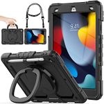 SEYMAC stock Case for iPad 9th/8th/7th Generation 10.2'' with Screen Protector, 360° Rotating Stand, Pencil Holder & Shoulder Strap, Heavy Duty Shockproof Case for iPad 10.2 Inch 2021/2020/2019, Black