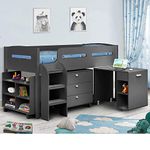 Kids Mid Sleeper Bed, Happy Beds Kimbo Anthracite Grey Wood Contemporary Desk Drawers Shelf Storage Bed Cabin Bed - 3ft Single (90 x 190 cm) Frame Only