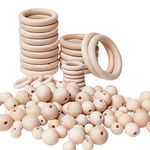 Koytoy Natural Wooden Beads and Wood Rings Kit,85 pcs Round Wood Beads 32 pcs Natural Wood Ring,for DIY Jewelry Macrame Wall Hanging Craft Making