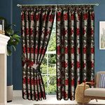 Prime Linens Fully Lined Pencil Pleat Floral Curtains & Matching Cushion Cover, Woven Jacquard Curtain for Bedroom Guestroom Living Room… (Red-Curtains, 90x90-in)