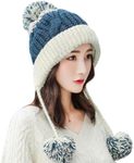 HUAMULAN Women Winter Sherpa Beanie Hats Knit Ear Flaps Peruvian Cover Ears Warm Fleece Lined Ski Snow Hat with 3 Pompom