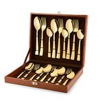 FNS Montavo Alexa Gold 18 Piece Stainless Steel Cutlery Set with Leatherette Box (6 Dinner Spoon, 6 Dinner Fork & 6 Teaspoon)