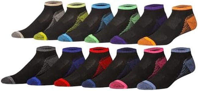 JAMES FIALLO Men's 12-Pairs Performance Low Cut Athletic Black Canvas with Multicolored Stripes Sports Runner Socks, 2926-T1