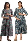 HRK VEMON Women's Pure Cotton Printed Maternity Gown Feeding Nighty A-line Feeding Dress Kurti Gown for Women Pack of 2 (Large, Multi-51)