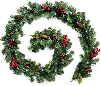WeRChristmas Pre-Lit Natural Pine Cone and Berry Decorated Garland with 40 Cool White LED Lights, Red, 9 feet