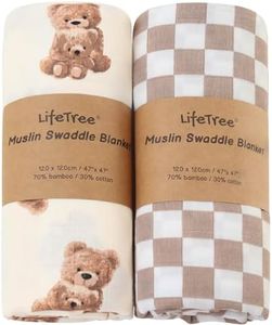 LifeTree Muslin Swaddle Blankets Neutral, Baby Swaddling Wrap Nursery Blanket for Boys & Girls Unisex, Soft 70% Viscose from Bamboo and 30% Cotton, Large 47 x 47 inches, Bear & Checkered Coffee