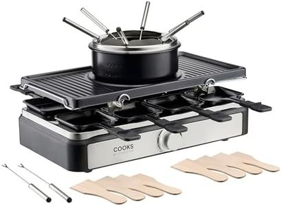 Cooks Professional Electric Raclette Grill & Fondue Set 1400w with Non-Stick Metal Grill Plate, 1L Pot, Mini Pans, Wooden Spatulas, Forks & Adjustable Thermostat for Parties & Group Dining | 8 Person