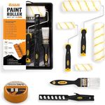 RAULDE 10 Pieces Paint Roller Set - Includes a Paint Tray, Brush, Large and Mini Rollers & Sleeves, Paint Repellent Masking Tape, Paint Mixer - Roller Set for Painting Walls, Edges & Ceilings