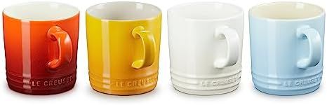 Le Creuset Elements Mug Set, Cayenne, Nectar, Meringue, Coastal Blue, 350 ml Capacity (Set of 4)