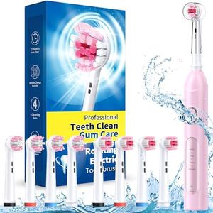 TEETHEORY Rotating Electric Toothbrush for Adults with 8 Brush Heads (2 Types), 4 Modes Deep Clean Electric Toothbrush with Rechargeable Power and 2 Min Smart Timer, Fast Charge (Pink)
