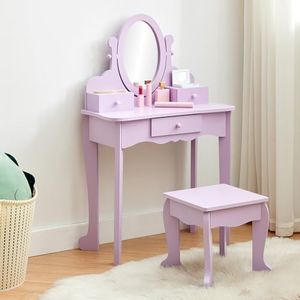 Garvee Kids Vanity Set with Adjustable Angle Mirror, Pretend Play Girls Vanity Table and Chair Set with Mirror, Stool, and Wood Makeup Playset, Purple