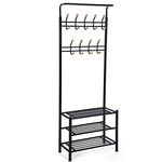 SONGMICS Coat Stand with 3 Shoe Racks with 18 Hooks Tube Diameter 32 mm, Metal, Black, 68.8 x 35.2 x 187 cm