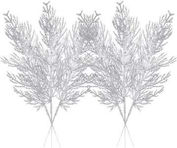 Christmas Glitter Stems 24pcs Artificial Pine Tree Picks for Christmas Tree Ornaments fillers, DIY Xmas Wreath, Crafts, Garland, Holiday, Party, Wedding and Home Decoration (Silver)