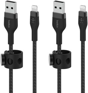 Belkin BoostCharge Pro Flex Braided USB Type A to Lightning Cable (2M/6.6FT), MFi Certified Charging Cable for iPhone 13, 12, 11, Pro, Max, Mini, SE, iPad and More, 2-Pack, Black