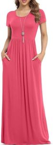 VIISHOW Women's Short Sleeve Floral Dress Loose Plain Maxi Dresses Casual Long Dresses with Pockets,Peach Red, Medium